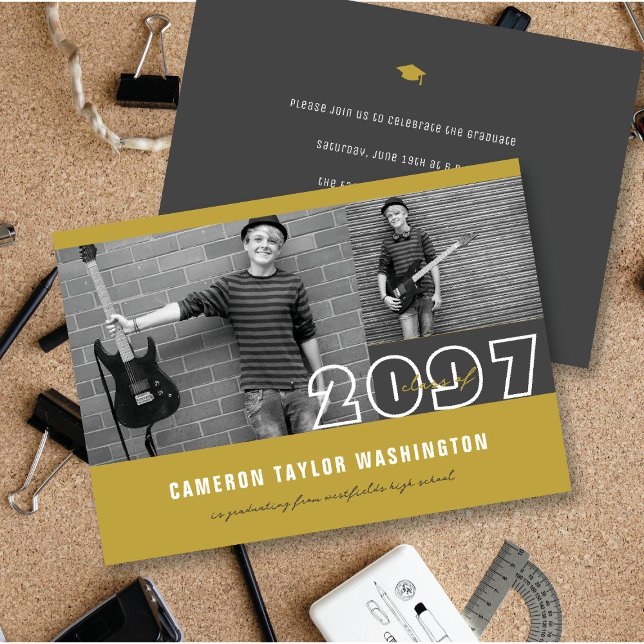 Modern Gold 2 Photo Blocks Simple Graduation Party Invitation (Modern Gold 2 Photo Blocks Simple Graduation Announcement & Party Invitation @ fatfatin)