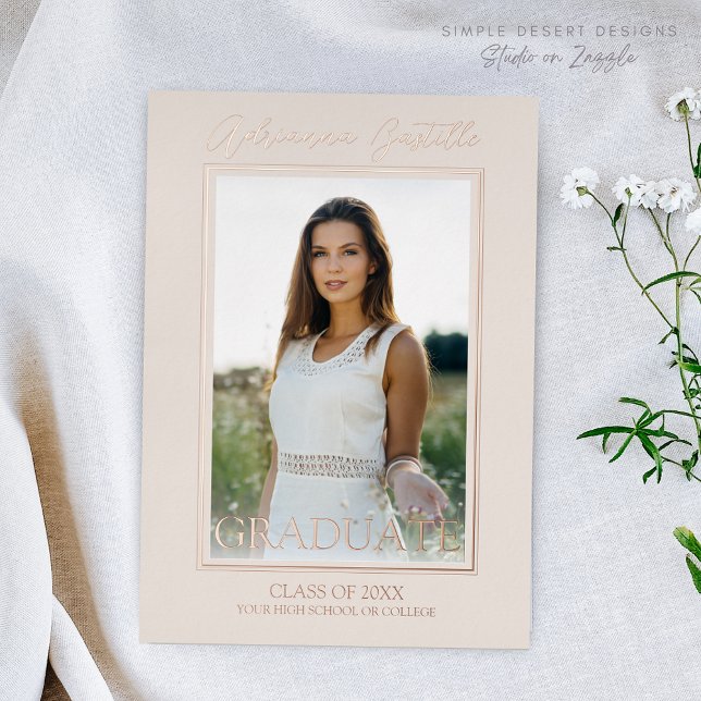 Modern Gold 3 Photo Calligraphy Graduation Party (Elegant Rose Gold SIgnature Graduation Announcement with Modern Calligraphy Script and Photo)
