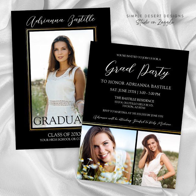 Modern Gold 3 Photo Calligraphy Graduation Party Invitation (Elegant Black and Gold Modern Signature Graduation Invitation for High School or College Grad Party)