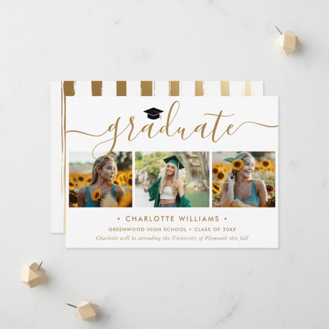 Modern Gold 3 Photo Collage Script Graduation Announcement (Front/Back In Situ)