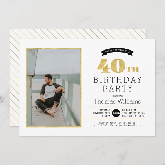 Modern Gold 40th Birthday Party Photo Invitation (Front/Back)