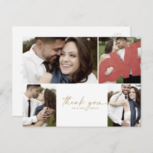 Modern Gold 4 Photo Collage Wedding Thank You Postcard