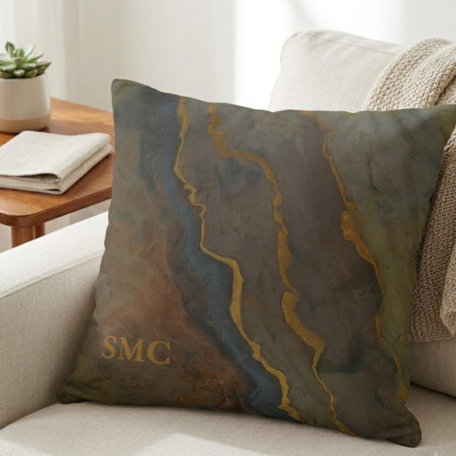 Modern Gold Abstract Marble Monogram Cushion (This modern gold and marble throw pillow makes a chic gift for a friend's new home housewarming.)