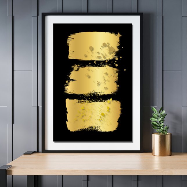 Modern Gold Accent Decor Black Brush Abstract Art (Modern Minimalist Gold And Black Paint Brush Stroke Gold Spatter Abstract Wall Art Poster Print)