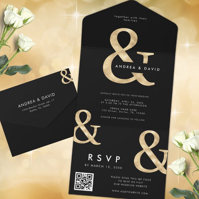 Modern Gold Ampersand Black QR Code RSVP Wedding All In One Invitation (Creator Uploaded)
