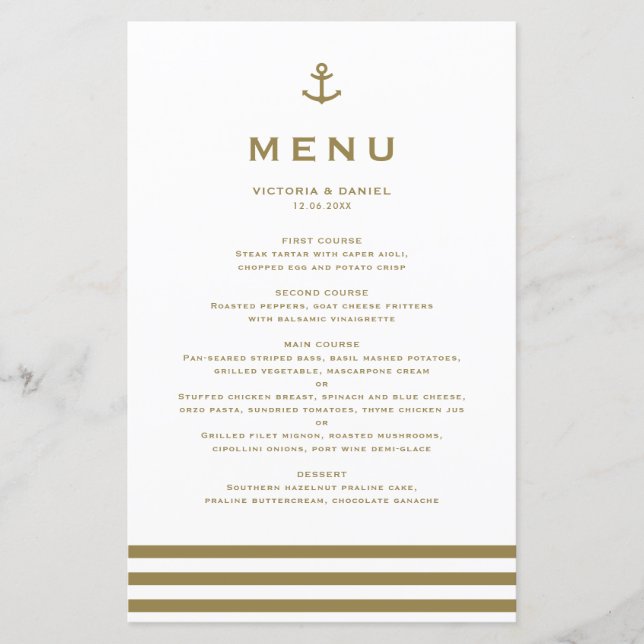 Modern Gold Anchor Nautical Wedding Menu Card (Front)