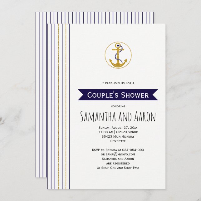 Modern gold anchor stripes nautical wedding shower invitation (Front/Back)
