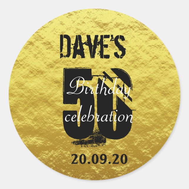 Modern Gold and Black 50th Any Age Birthday Classic Round Sticker (Front)