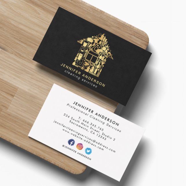 Modern Gold And Black Cleaning Services Business Card (Creator Uploaded)