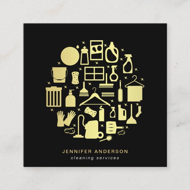 Modern Gold And Black Cleaning Services Square Business Card (Front)