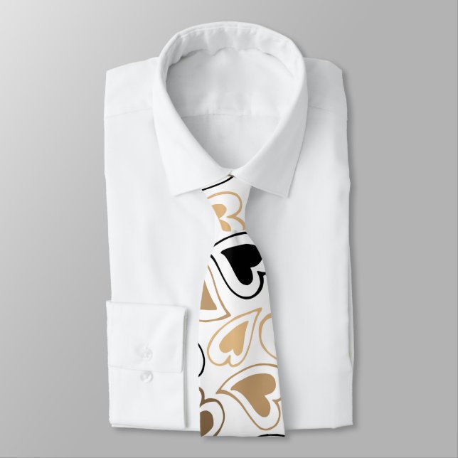 Modern Gold and Black Hearts Pattern Tie (Tied)