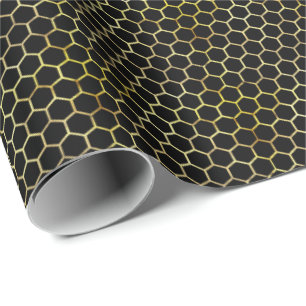 Modern Gold and Black Honeycomb Patterned Wrapping Paper