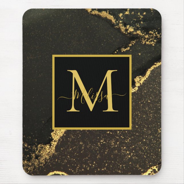 Modern Gold and Black Marbled Monogram Mouse Pad (Front)