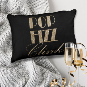 Modern Gold and Black Party Pop Fizz Clink Decorative Cushion