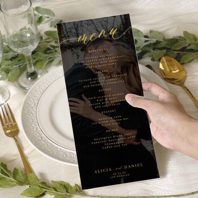 Modern gold and black photo wedding menu (Creator Uploaded)