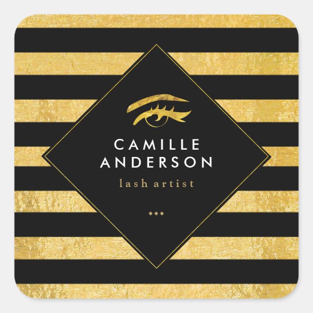 Modern Gold and Black Stripes with Gold Lashes Square Sticker (Front)