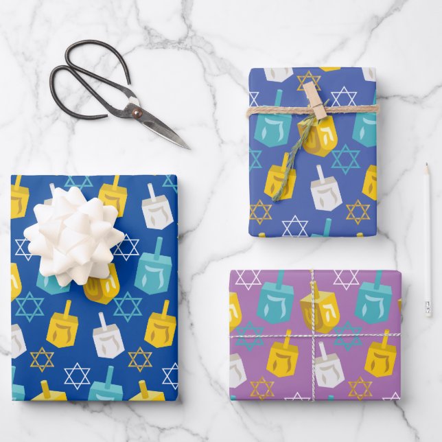 Modern Gold And Blue Hanukkah Dreidels Stars Wrapping Paper Sheet (Front)