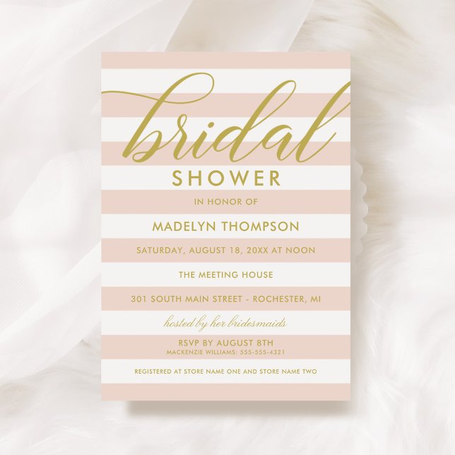 Modern Gold and Blush Pink Stripes Bridal Shower Invitation (Creator Uploaded)