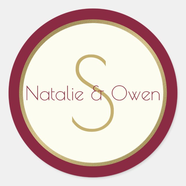 Modern Gold and Burgundy Monogram Classic Round Sticker (Front)