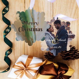 Modern Gold and Green Marble Photo Tree Decoration Card