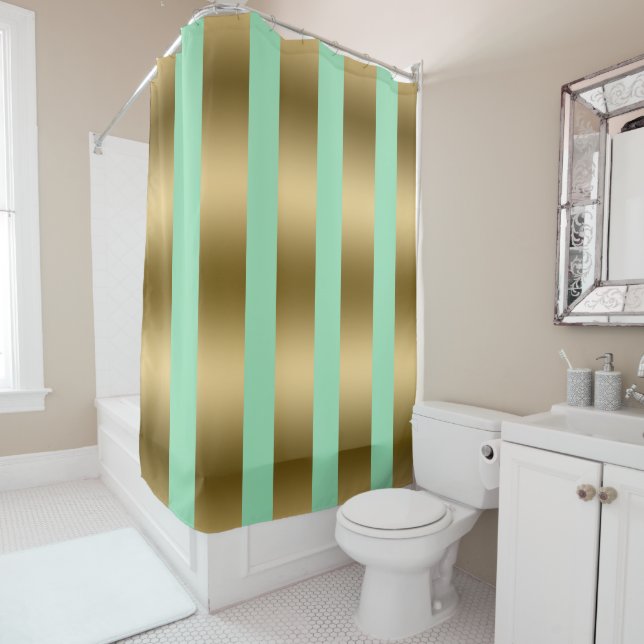 Modern Gold and green stripes Shower Curtain (In Situ)