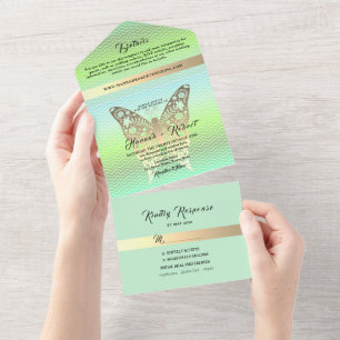 Modern Gold and Green Wedding All In One Invitation