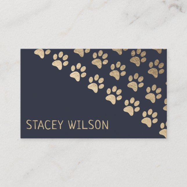 Modern Gold And Navy Dog Walker | Pet Sitter Business Card (Front)