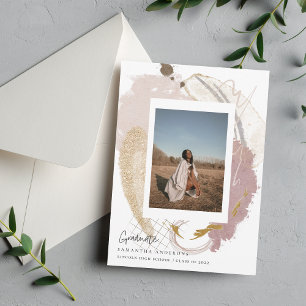 Modern Gold and Pink Brush Graduation Photo  Invitation