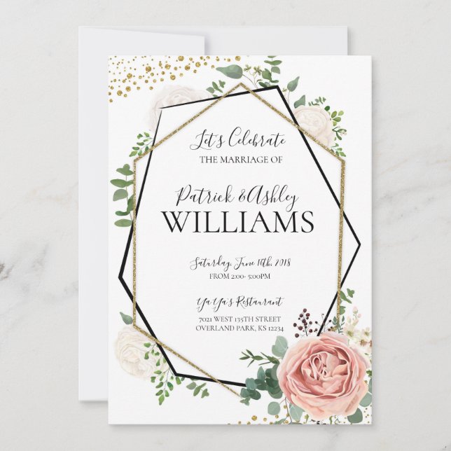 Modern Gold and Pink Geometric Wedding Reception Invitation (Front)