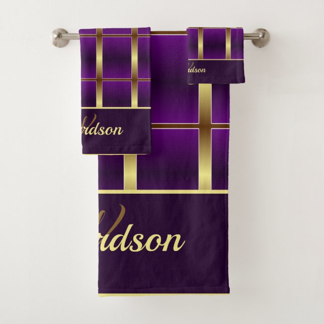 Modern Gold And Purple Chequered Monogrammed Bath Towel Set (Insitu)