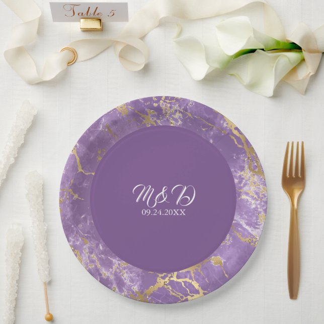 Modern Gold And Purple Marble Wedding Paper Plates (Wedding)