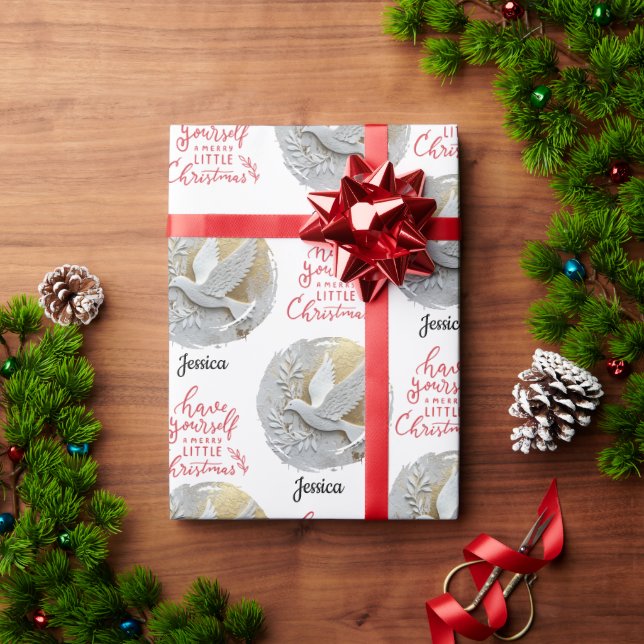 Modern Gold and White Dove Christmas Name  Wrapping Paper (Holiday Gift)