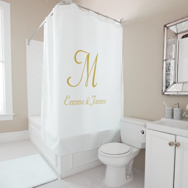 Modern Gold and White Monogram Name Custom Shower Curtain (In Situ)