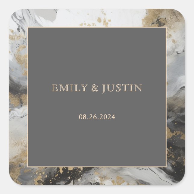 Modern Gold Anthracite Artistic Watercolor Wedding Square Sticker (Front)