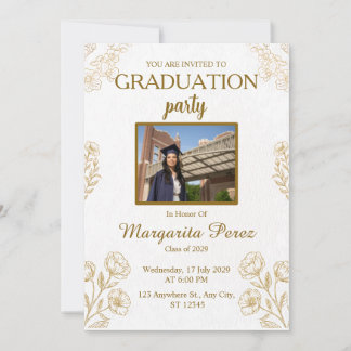 Modern Gold Arch Floral Graduation Photo Invitatio Invitation