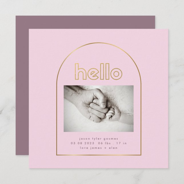 modern gold arch foil hello baby girl birth announcement (Front/Back)
