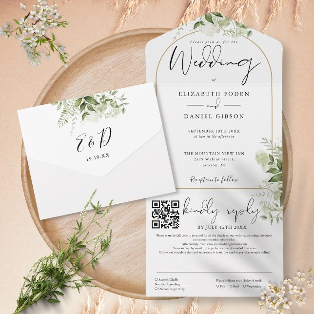 Modern Gold Arch QR Code Greenery Wedding All In One Invitation (Modern Gold Arch QR Code Greenery Wedding All In One Invitation)