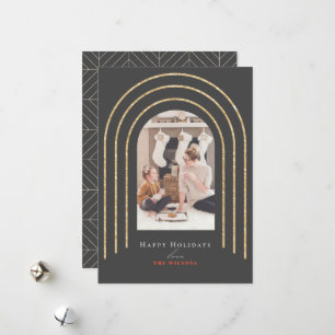 Modern Gold Arches Photo Christmas Dark Grey Holiday Card