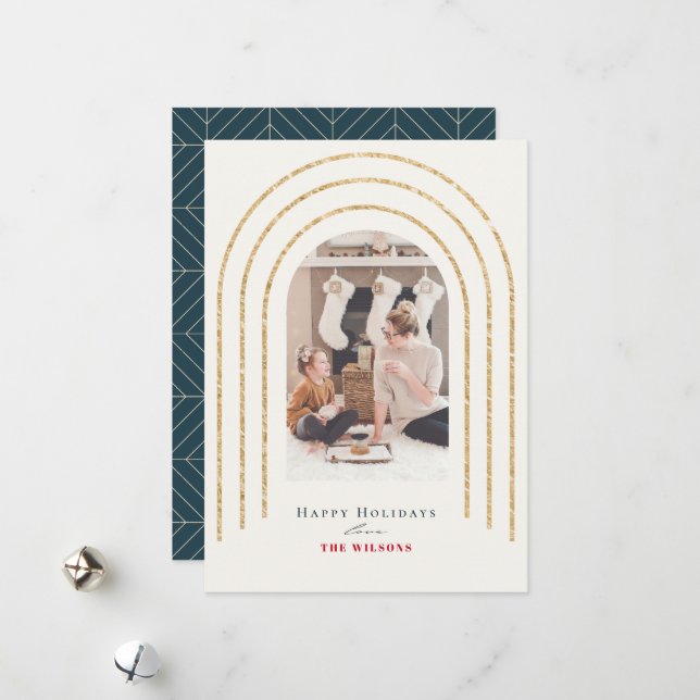 Modern Gold Arches Photo Christmas Navy Holiday Card (Front/Back In Situ)