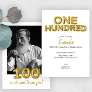 Modern Gold Balloon 100th Birthday Party Photo  Invitation