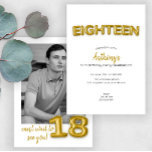 Modern Gold Balloon 18th Birthday Party Photo  Invitation<br><div class="desc">This minimalist gold balloon typography 18th birthday invitation is the perfect choice for your son or daughter. A simple yet elegant birthday invitation to be customised with your details including any special phrase you may want to add to the back and upload a beautiful black and white photo.</div>