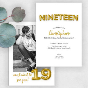 Modern Gold Balloon 19th Birthday Party Photo  Invitation