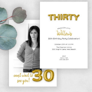 Modern Gold Balloon 30th Birthday Party Photo  Invitation