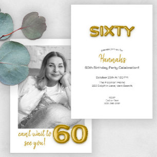 Modern Gold Balloon 60th Birthday Party Photo  Invitation