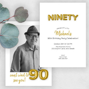 Modern Gold Balloon 90th Birthday Party Photo Invitation