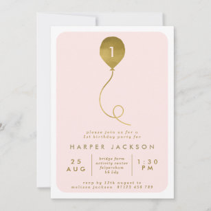 Modern Gold Balloon & Blush 1st/Any Age Birthday