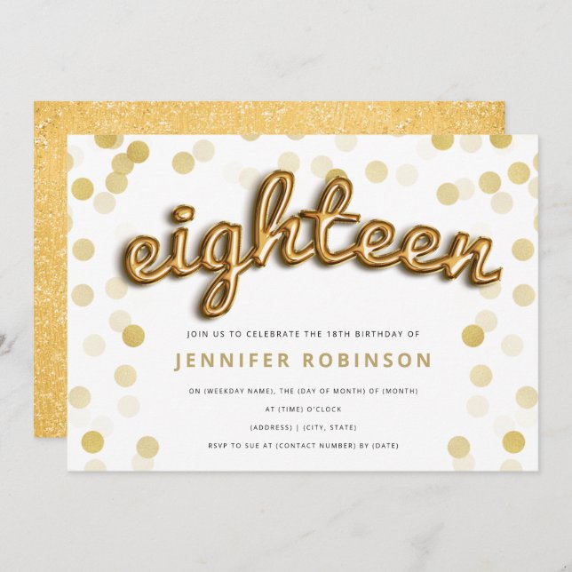 Modern Gold Balloons Glitter 18th Birthday Invitation (Front/Back)
