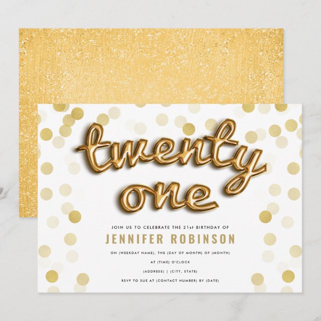 Modern Gold Balloons Glitter 21st Birthday Invitation (Front/Back)