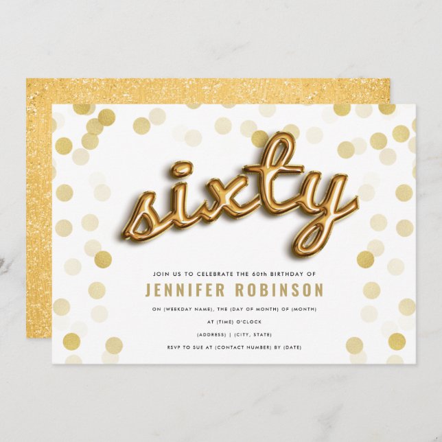 Modern Gold Balloons Glitter 60th Birthday Invitation (Front/Back)