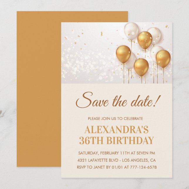 Modern Gold Balloons Save the date 36th birthday Invitation (Front/Back)